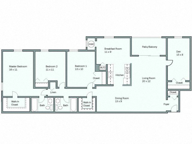 Floor plan for 3 beds, 2 baths, 1557 sqft